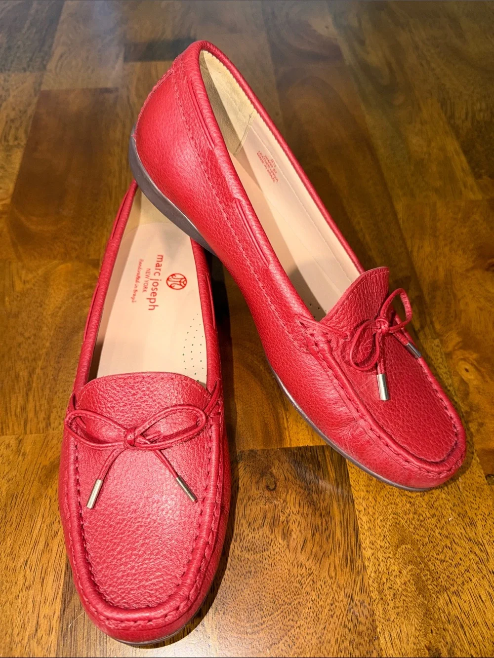 Marc Joseph Red Pebbled Leather Bow Loafers